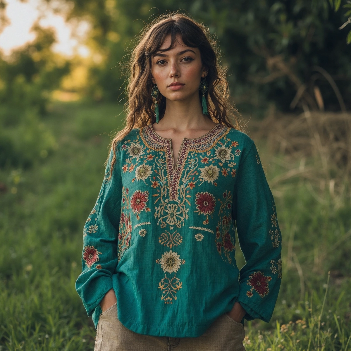 Comstylish Retro Boho Floral Embroidery Linen Blend Loose Blouse