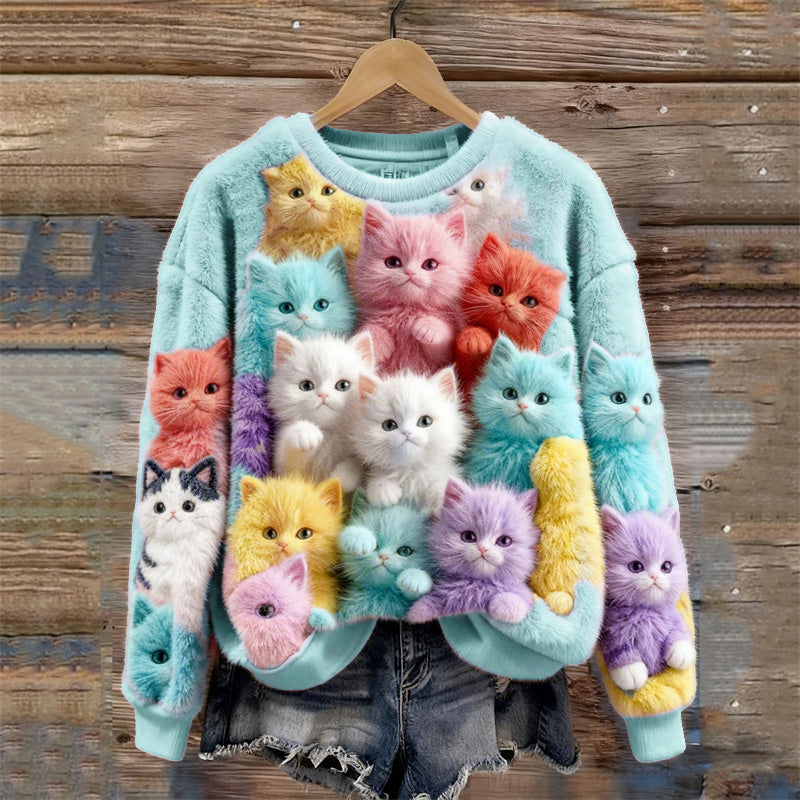 Comstylish Lovely Colorful Fuzzy Cats Cozy Plush Sweatshirt