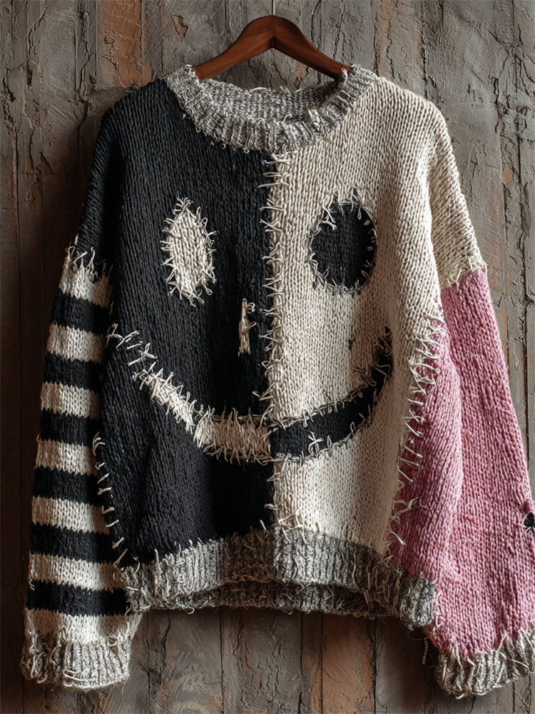 Halloween Spooky Face Contrast Stitched Cozy Knit Sweater artswardrobe