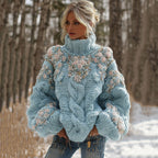 Women's Vintage Embroidery Rose Art Knit Cozy High Neck Sweater artswardrobe