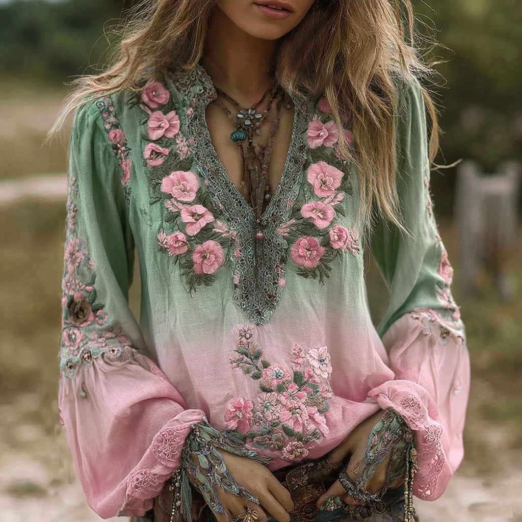 Comstylish Vintage Classy Gradient Purple Pansy Embroidered Art Linen Long Sleeve Blouse