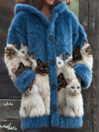 Comstylish Classy Fuzzy Cats Art Cozy Knit Hooded Cardigan