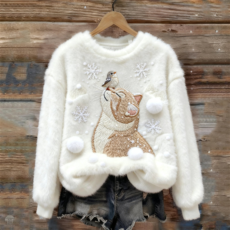 Comstylish Lovely Cat & Bird Snowflakes Embroidered Cozy Plush Sweatshirt