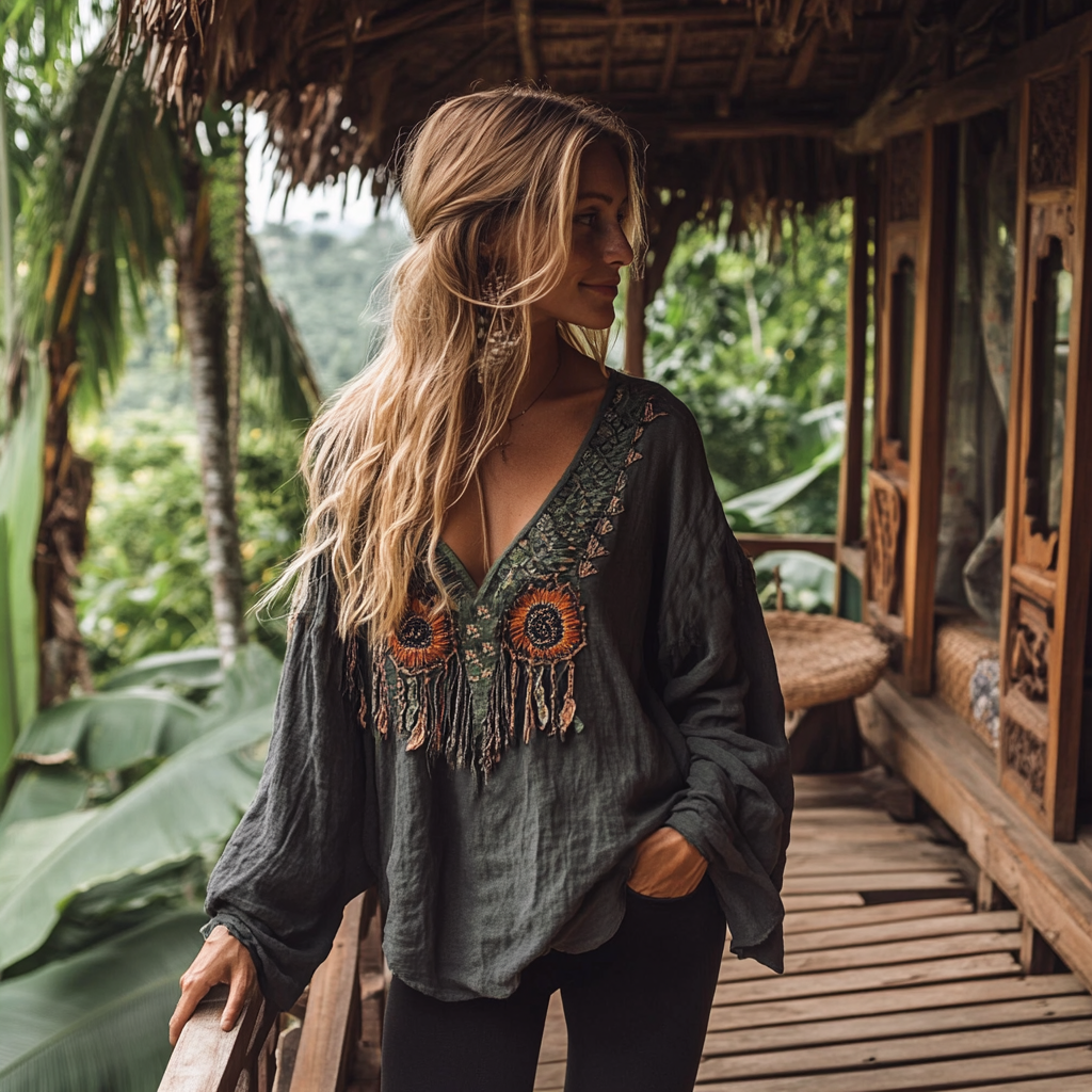 Boho Sunflower Tribal Embroidery Print Cotton And Linen Blend Loose Blouse artswardrobe