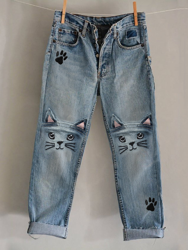 Comstylish Lovely Cat Faces Embroidered Patchwork Washed Jeans