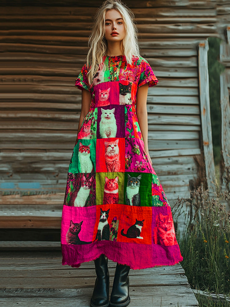 Comstylish Pop Art Cute Cat Patchwork Design Cotton Linen Dress