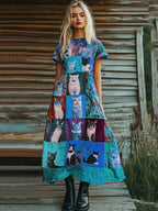 Comstylish Pop Art Cute Cat Patchwork Design Cotton Linen Dress