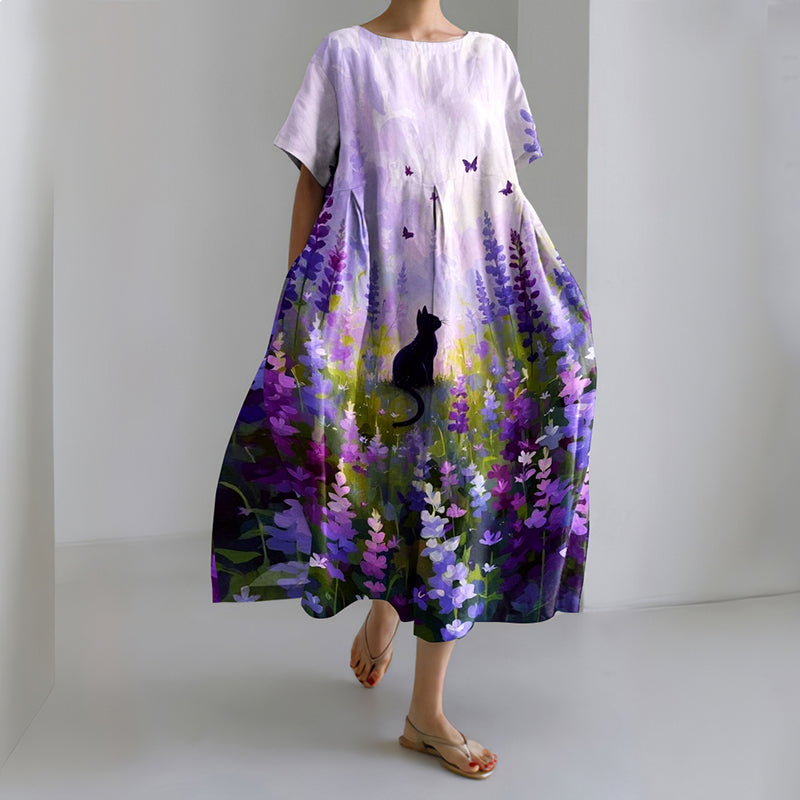 Comstylish Cute Cat In Lavender Field Linen Midi Dress