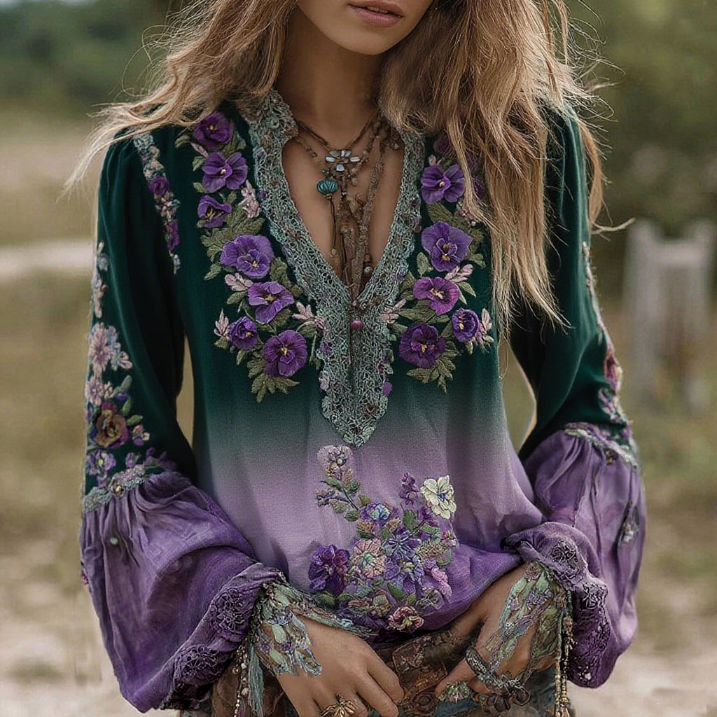 Comstylish Vintage Classy Gradient Purple Pansy Embroidered Art Linen Long Sleeve Blouse