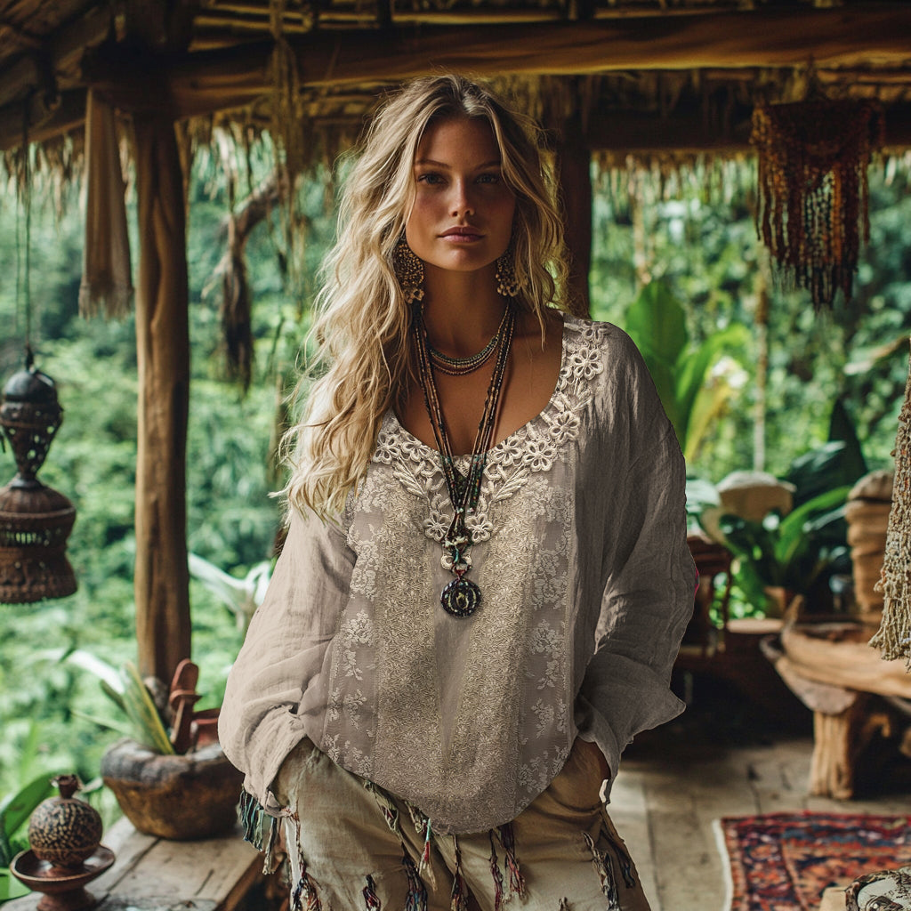 Comstylish Retro Bohemian Floral Lace Patchwork Art Cotton And Linen Blend Loose Blouse