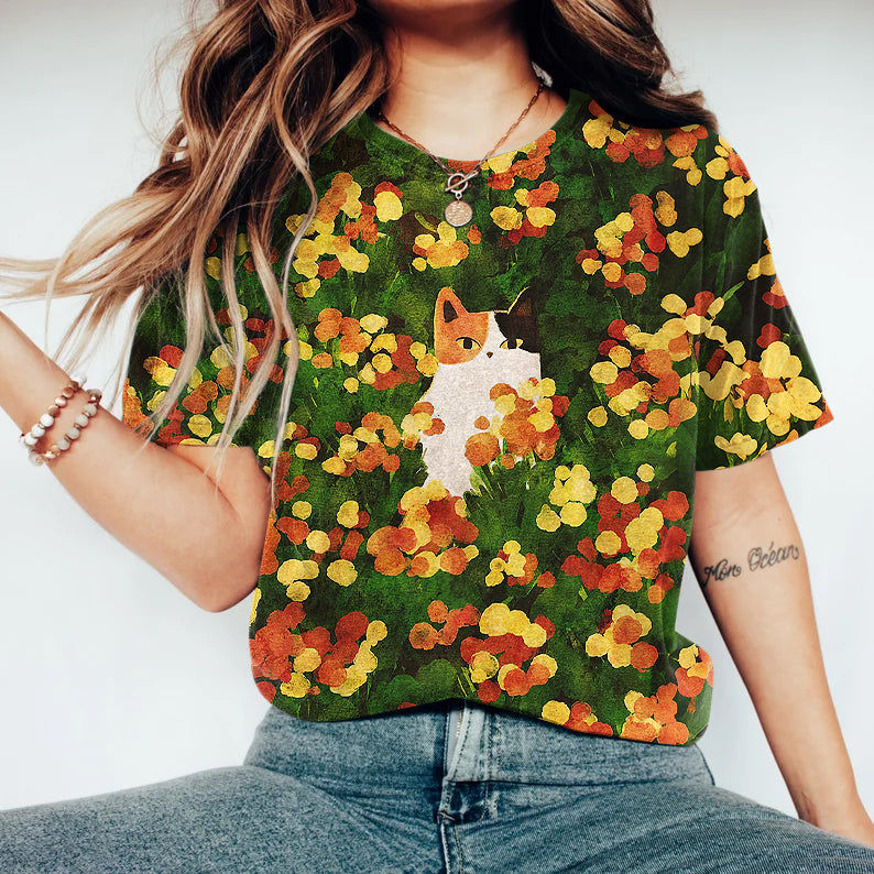 Comstylish Women's Flower And Cat Art Print Crew Neck Short Sleeve T-shirt