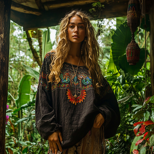 Retro Bohemian Resort Art Embroidery Print Cotton And Linen Blend Loose Blouse artswardrobe