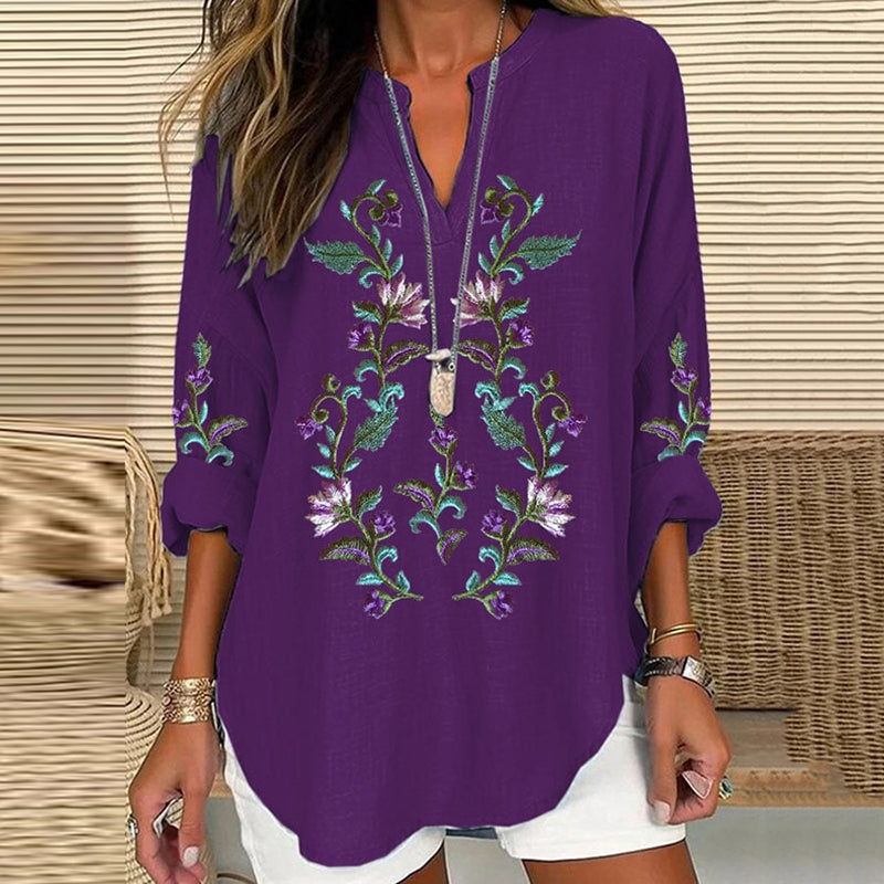 Comstylish Scottish Thistle Embroidered Linen Blend Blouses