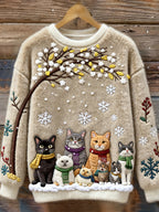 Christmas Cats Embroidery Women's Cozy Plush Sweater artswardrobe