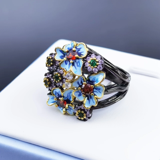 Enamel Silvered Blossom Ring