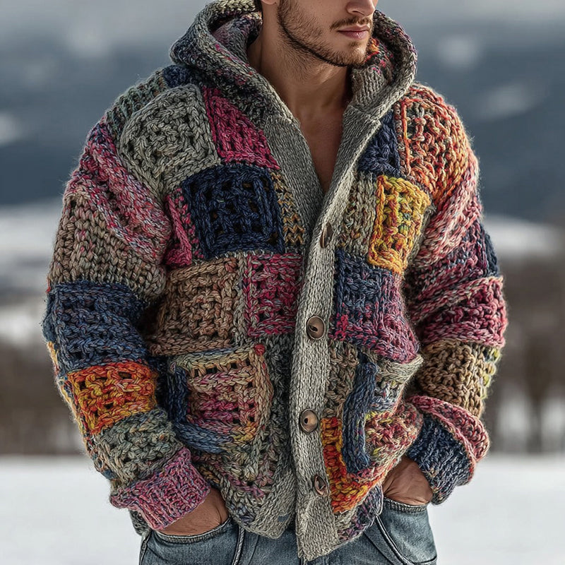 Men's Retro Geometric Knitted Warm Button Hooded Sweater artswardrobe