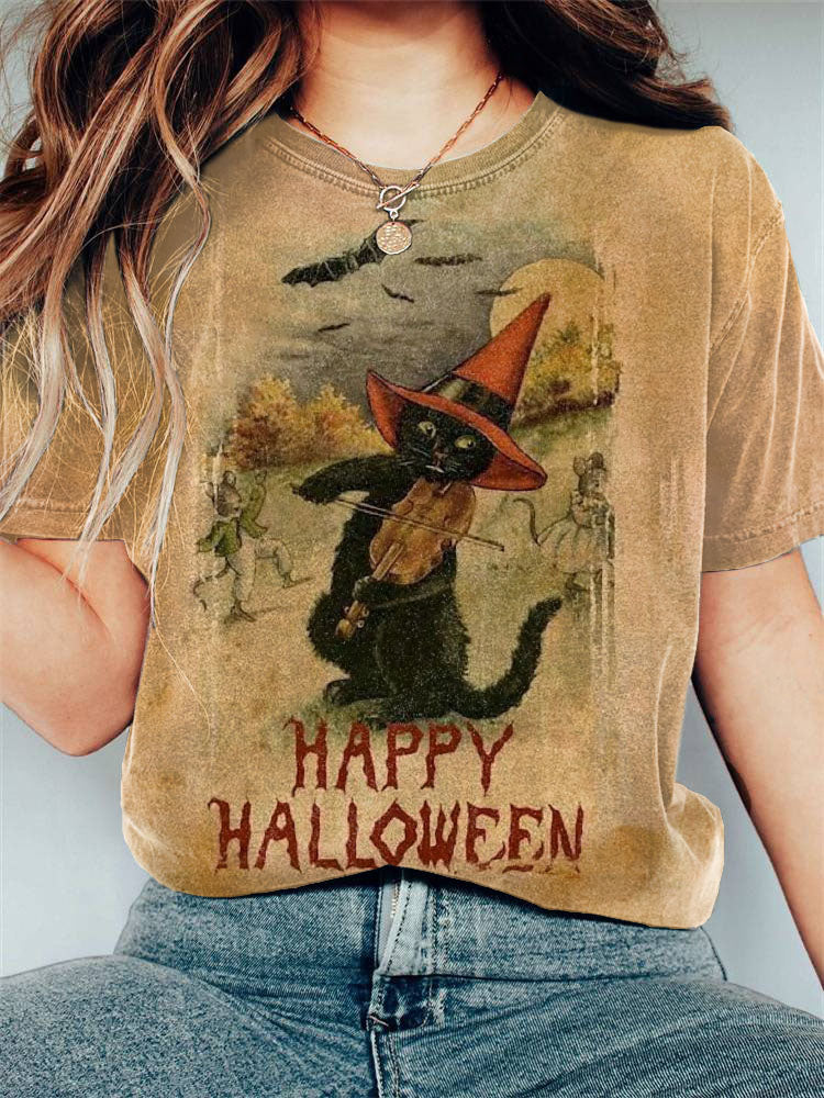 Comstylish Halloween Black Cat Print Vintage T-Shirt