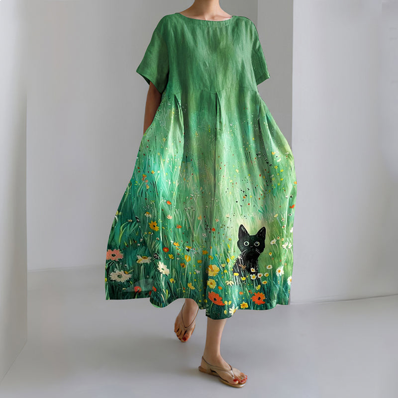 Comstylish Cute Kitten In The Flowers Fresh Midi Dress