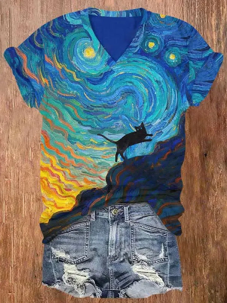 Comstylish Black Cat Running Under Oil Painting Fantasy Sky Print V-neck Short Sleeve T-shirt