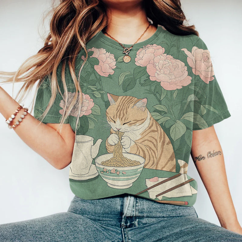 Comstylish Japanese Tabby Cat Eating Noodles Print Crew Neck Short Sleeve T-shirt