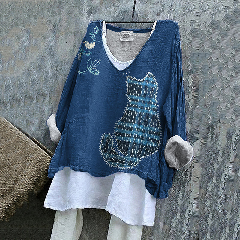 Comstylish Women's Flower And Cat Embroidery Art Linen V-neck Shirt