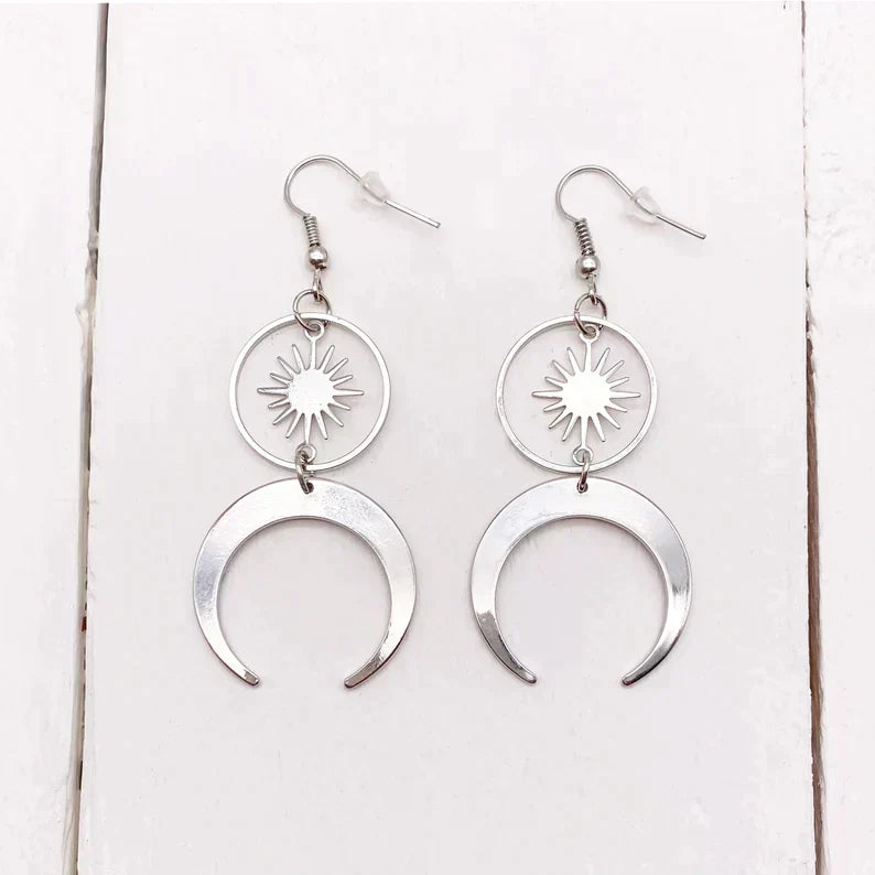 Stainless Steel Half Moon Crescent Earrings And Solar Talisman