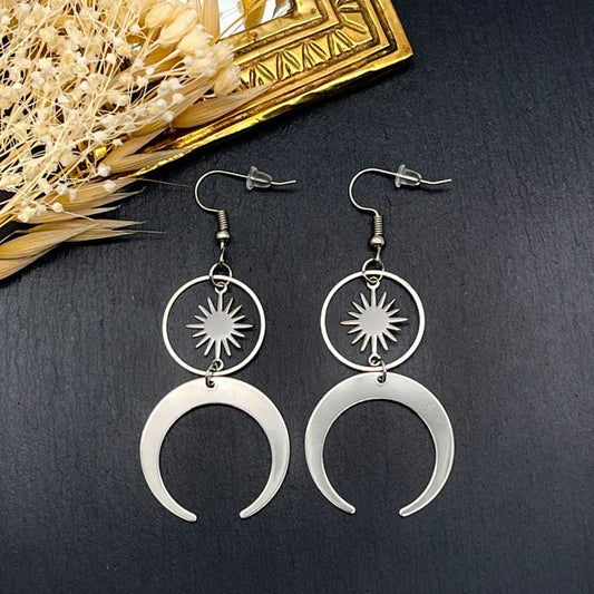 Stainless Steel Half Moon Crescent Earrings And Solar Talisman