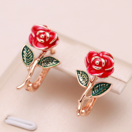 Elegant Hand Painted Roses In Gold Earrings
