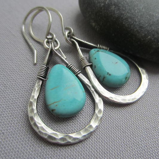 Natural Turquoise Stone Earrings In Silver