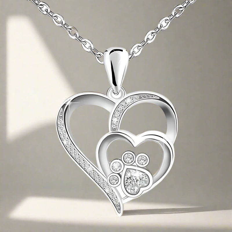 Sterling Silver Paw & Heart Necklace With Zirconia