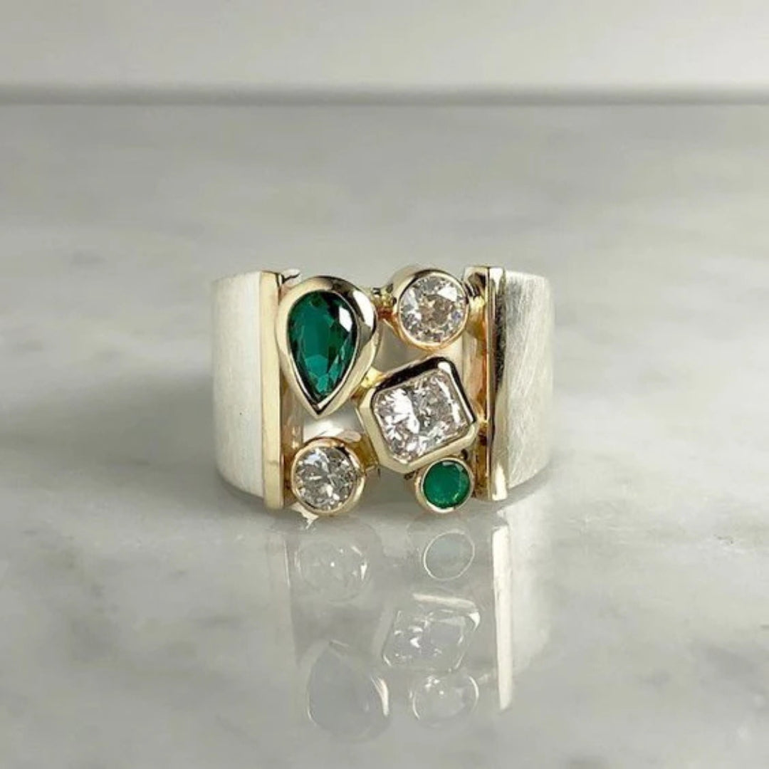 Green White Crystal Silvered Ring